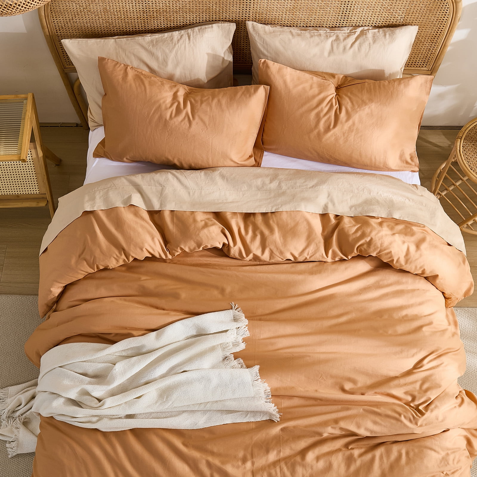 100% Washed Cotton Duvet Cover –Burnt orange, Linen-Like Texture, Super Soft & Breathable Bedding Set, 3-Piece Durable Percale Comforter Cover