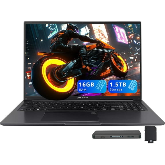 ASUS Vivobook 16" WUXGA Laptop, Intel Core i7-1355U, 16GB RAM, 1.5TB Storage(512GB SSD 1TB Docking Station Set), Intel Iris Xe Graphics, Backlit Keyboard, Num Pad, Fingerprint, Win 11, Black