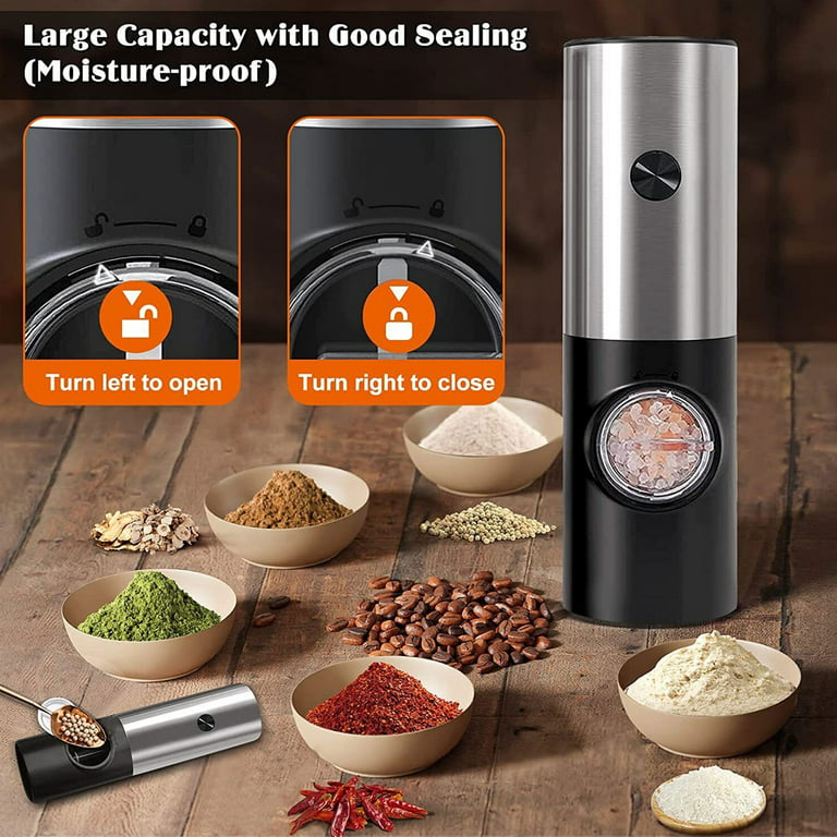 Tomeem Electric Salt and Pepper Grinder Set Enhanced Capacity Stainless Steel Salt and Pepper Shakers Electric with Lights, Silver