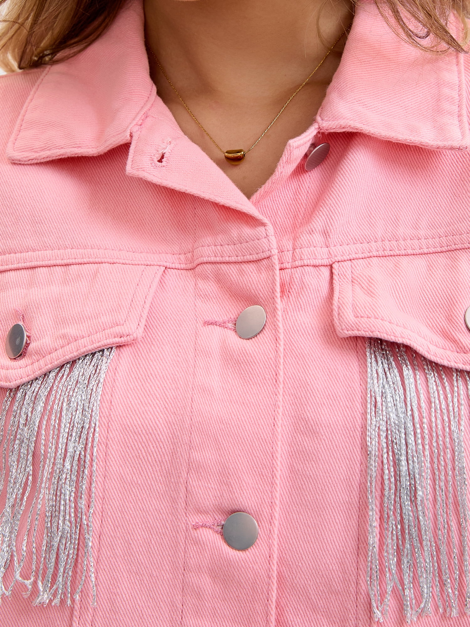 DARING DIVA Women's Cropped Jean Long Sleeve Frayed Tassel Fringe Denim Jacket S Pink