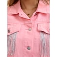 thumbnail image 5 of DARING DIVA Women's Cropped Jean Long Sleeve Frayed Tassel Fringe Denim Jacket S Pink, 5 of 7