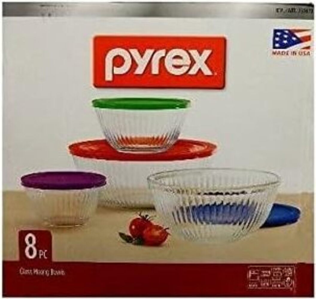 ❤️ 8-pc PYREX SCULPTURED Glass Mixing Bowl Set w/Covers PURPLE RED YELLOW  BLUE