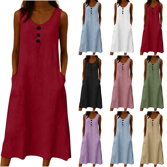 XUNKUSGA Long Dresses for Women Classic Soild Color Cotton Linen Maxi Dresses Casual Loose Crewneck Sleeveless Button Beach Dress with Pockets,Blue,S