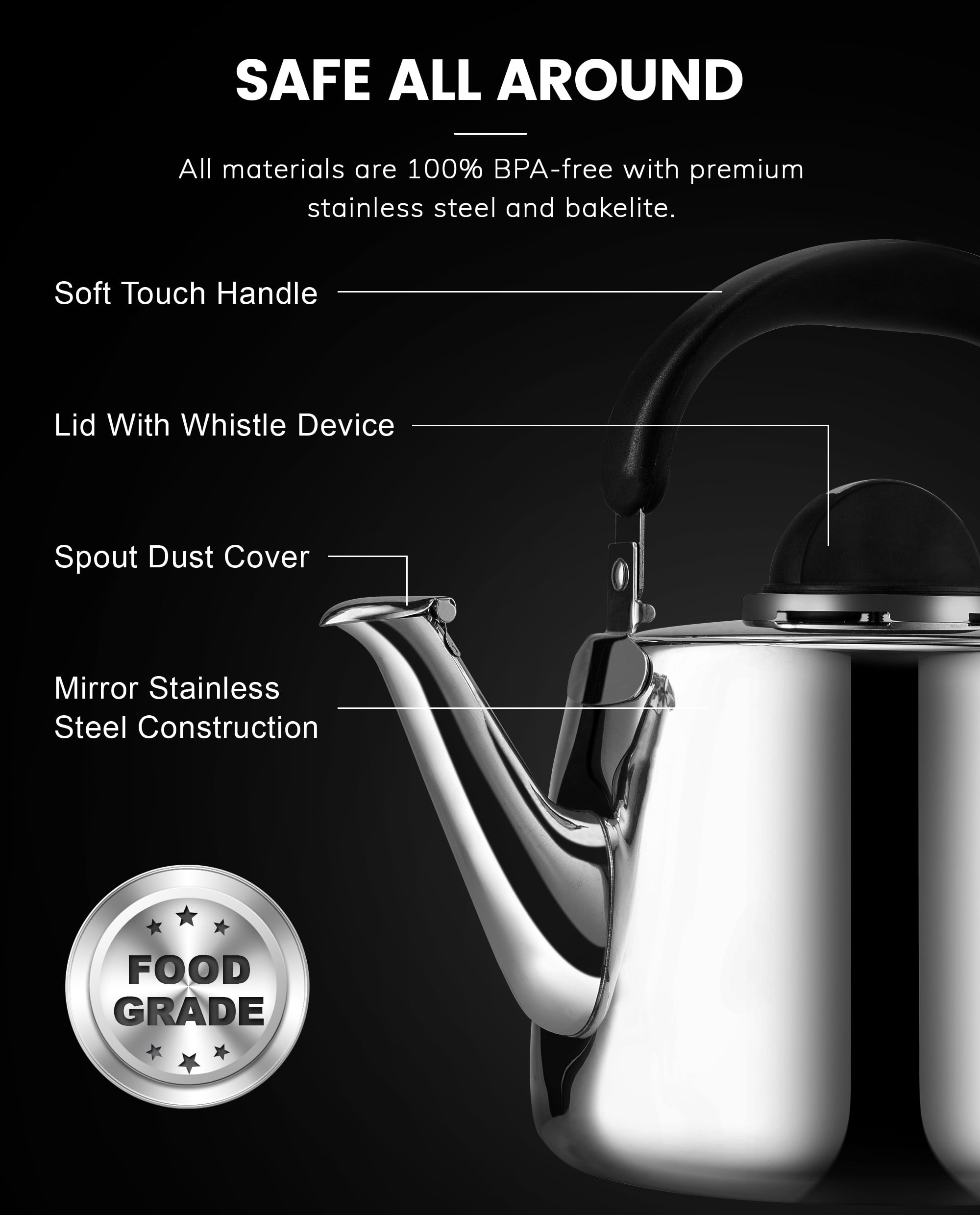 DclobTop Stove Top Whistling Tea Kettle 2.5 Quart Classic Teapot Appearance Culinary Grade Stainless Steel Teapot Composite Process Bottom