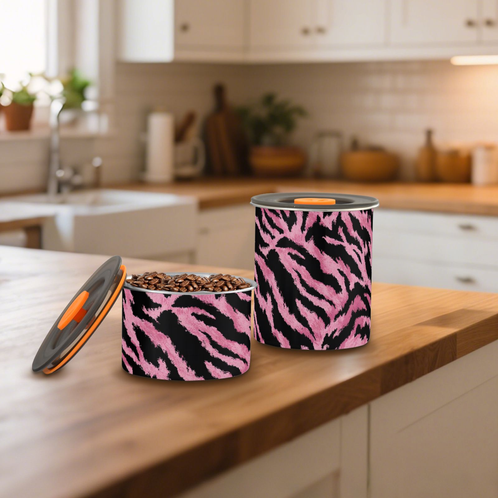Pink Black Tiger Print Airtight Coffee Bean Canister 30oz Food Storage Containers with Lids For Gournd, Tea, Sugar, Flour, Rice, Cereal, Candy Cookie Jar