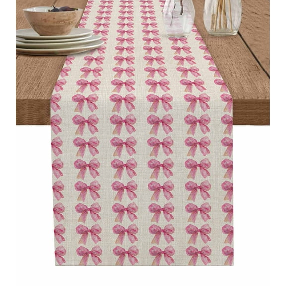 Bowknot Pink Burlap Cotton Table Runner 18x72 Inches Long, Farmouse Bow Ribbon Tie Aesthetics Farmhouse Table Runners, Outdoor Dining Tablecloths Decor for Baby Shower/Party/Wedding