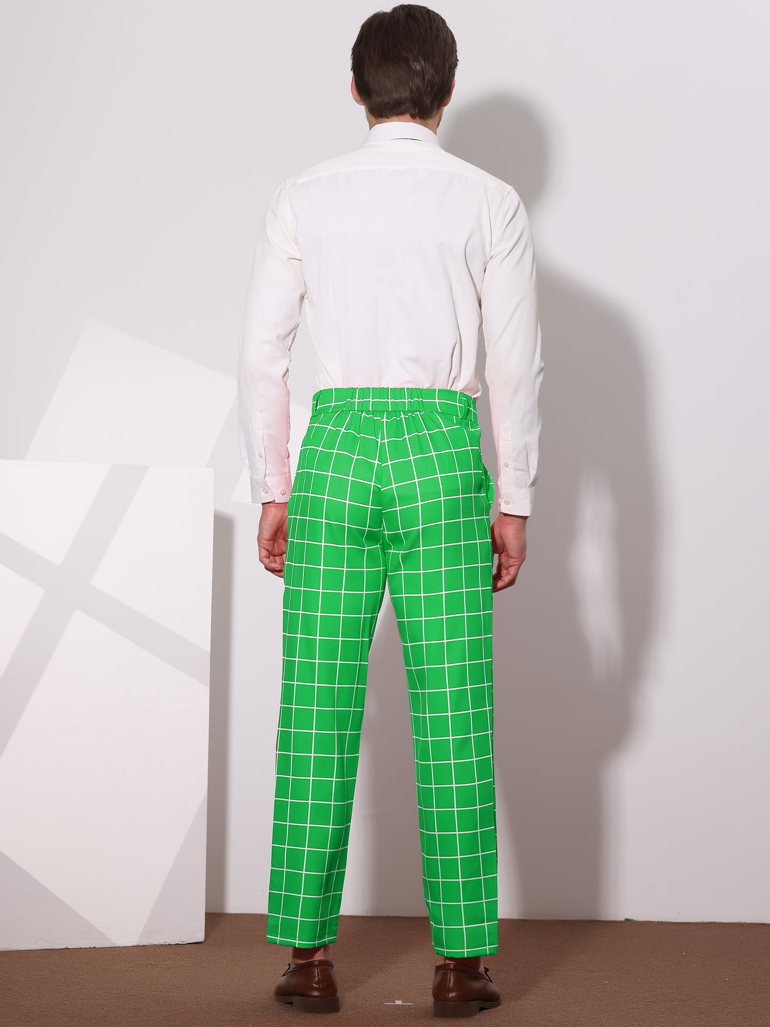 Unique Bargains Men's Plaid Printed Straight Leg Business Casual Checked Pants 30 Green White