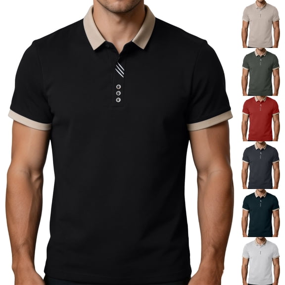 Polos Shirts For Men Short Sleeve Breathable Moisture Wicking Golf T Shirt Lapel Button Color Block Fashion Tees (XL, Black)