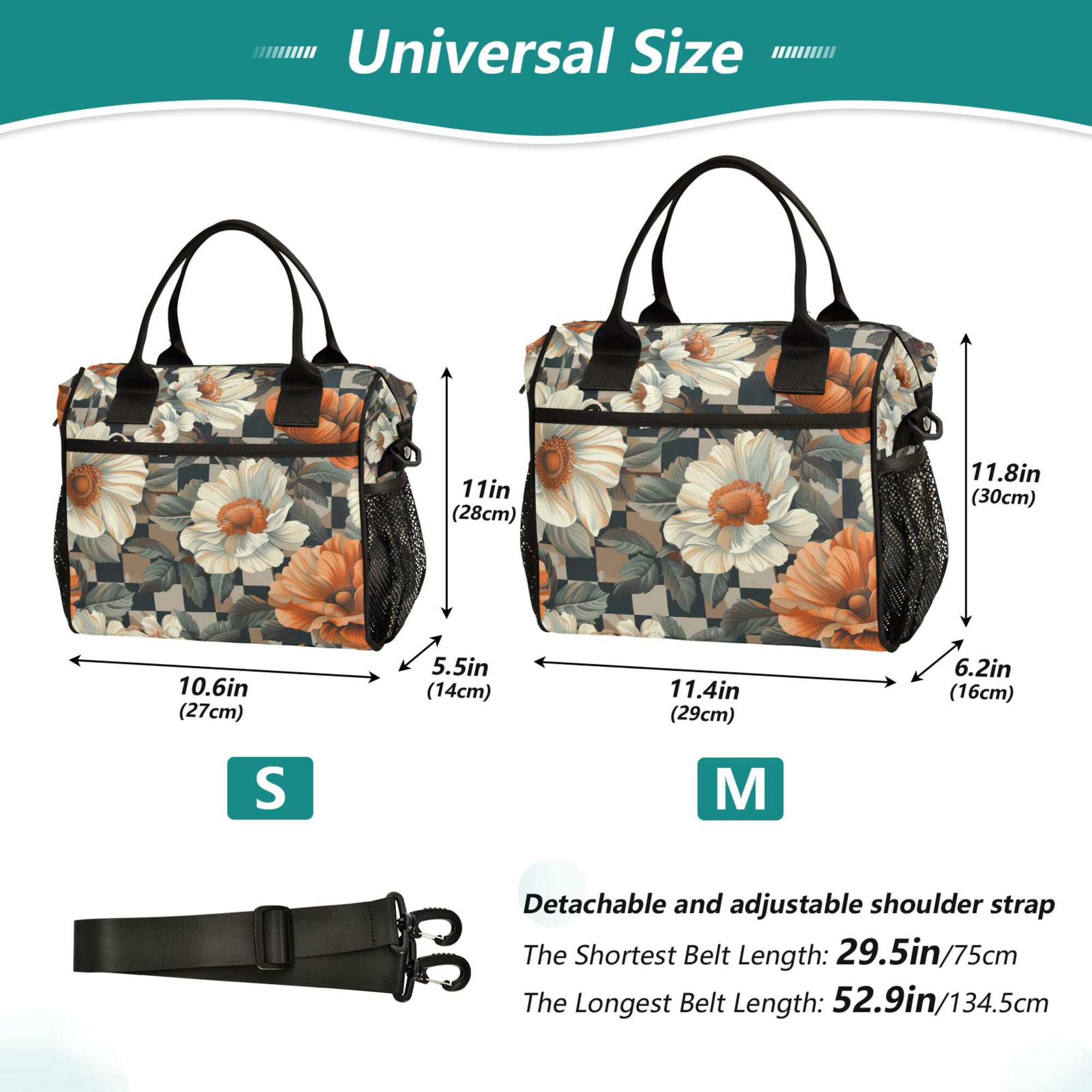 FORMRS Insulated Lunch Bag for Work School Unisex Large Capacity Cooler with Shoulder Strap, Gray Floral Pattern
