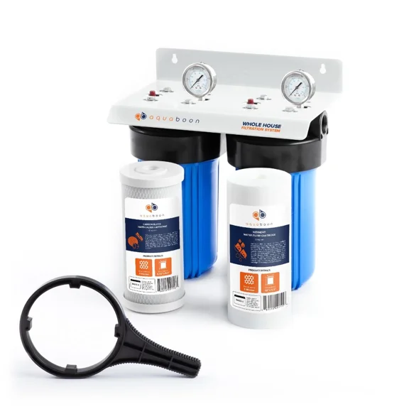 Aquaboon 2-Stage Big Blue 10" Whole House System  Bracket  Sediment Carbon Block Filters