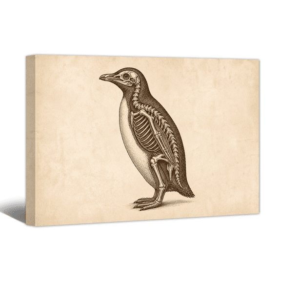 Rustic Penguin Illustration Canvas Wall Art Animal Skeleton Picture Print, Vintage Neutral Artwork Minimalist Painting for Bathroom, Home, Living room Decor