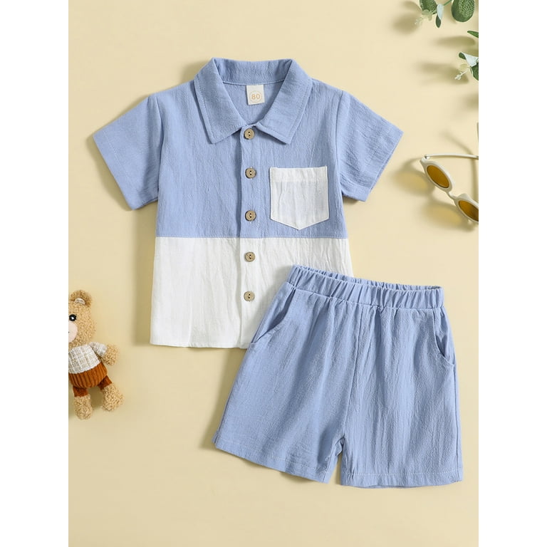 Springcmy Toddler Baby Boys Clothes Set Cotton Linen Short Sleeve Button  Down Shirt Top and Shorts 2PCS Summer Outfit A# Blue 18-24 Months