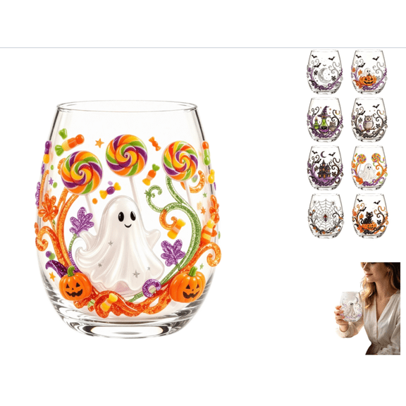 2D Halloween Artisan Glassware Collection, Stemless Drinking Glasses, Halloween Glassware Collection Clear Tumbler, Pumpkin Pattern Craft, Iced Coffee Juice Cup Decor, 1 Pc