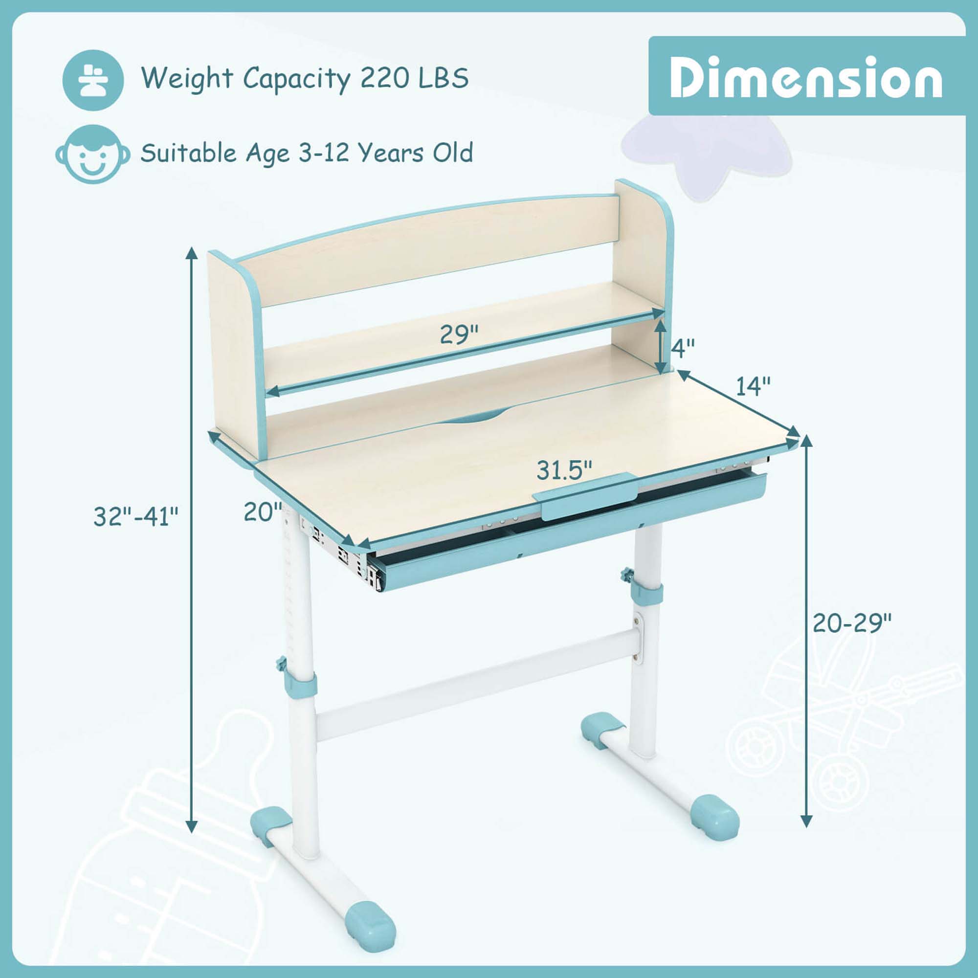 Costway Kids Study Desk with 7-Level Tiltable Desktop Adjustable Height Pull Out Drawer Blue