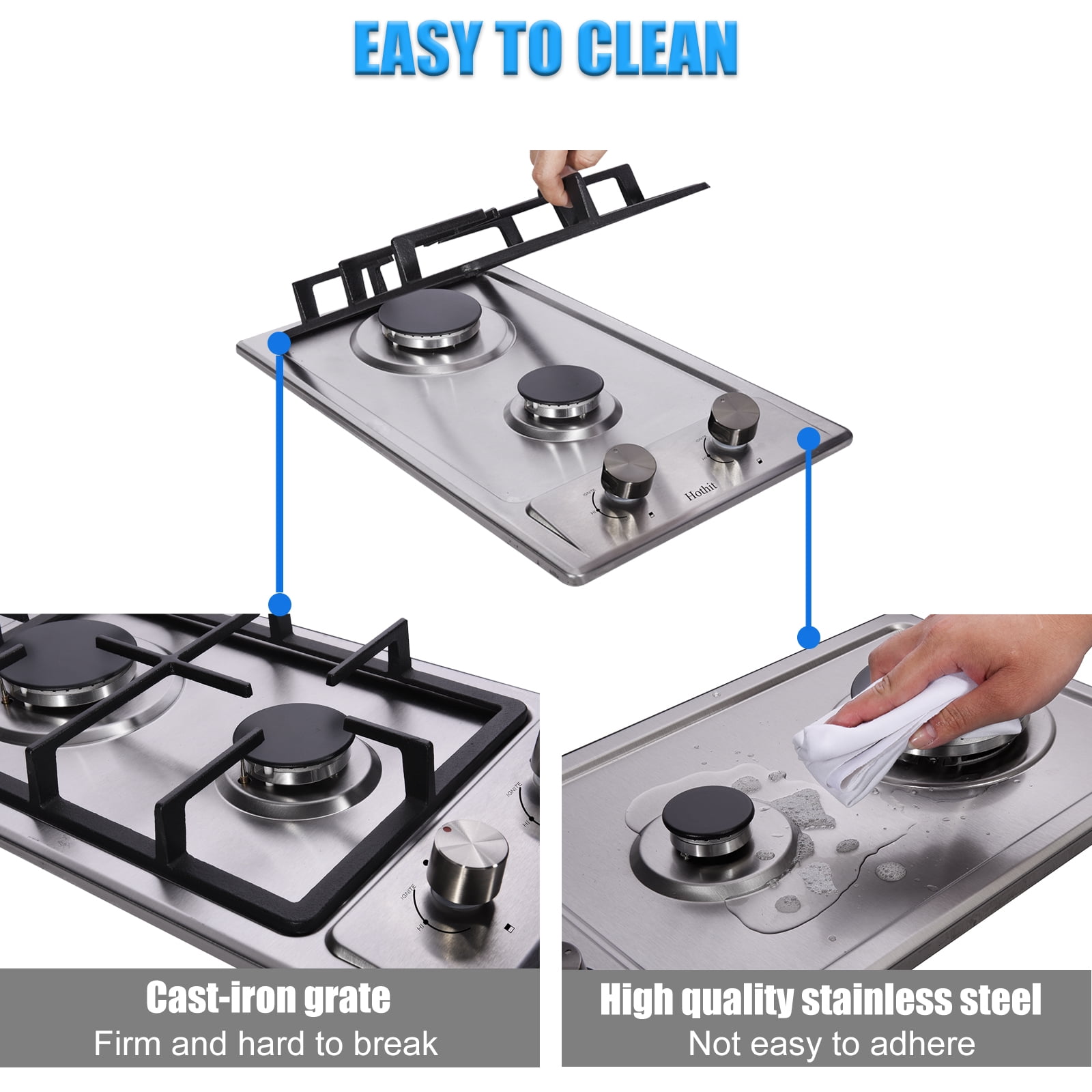 Hothit 2 Burner Propane Gas Cooktop 12" Inch Built-in Stainless Steel Stove Top Propane/Natural Gas Convertible Portable Gas rRange for Apartment Outdoor and RV (L12"×W20")