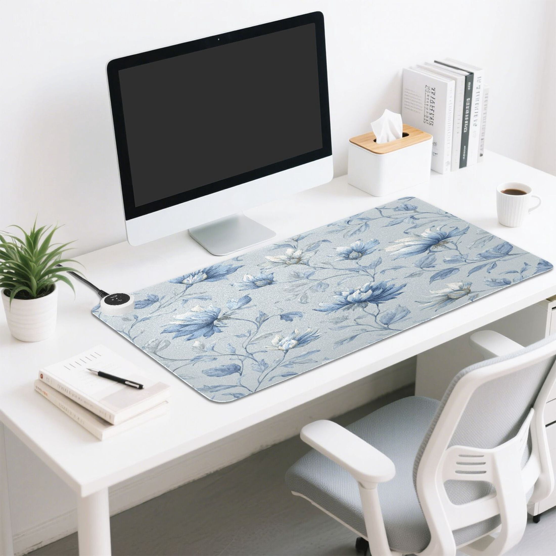 Large Heated Desk Mat Mouse Pad 31.5"x13"PU Leather Graphene Heating Desk Warmer with 3 Temperature Settings 110V US Plug Non-Slip Warm Pad for Home, Office, and Gaming Exquisite Blue Peony Design