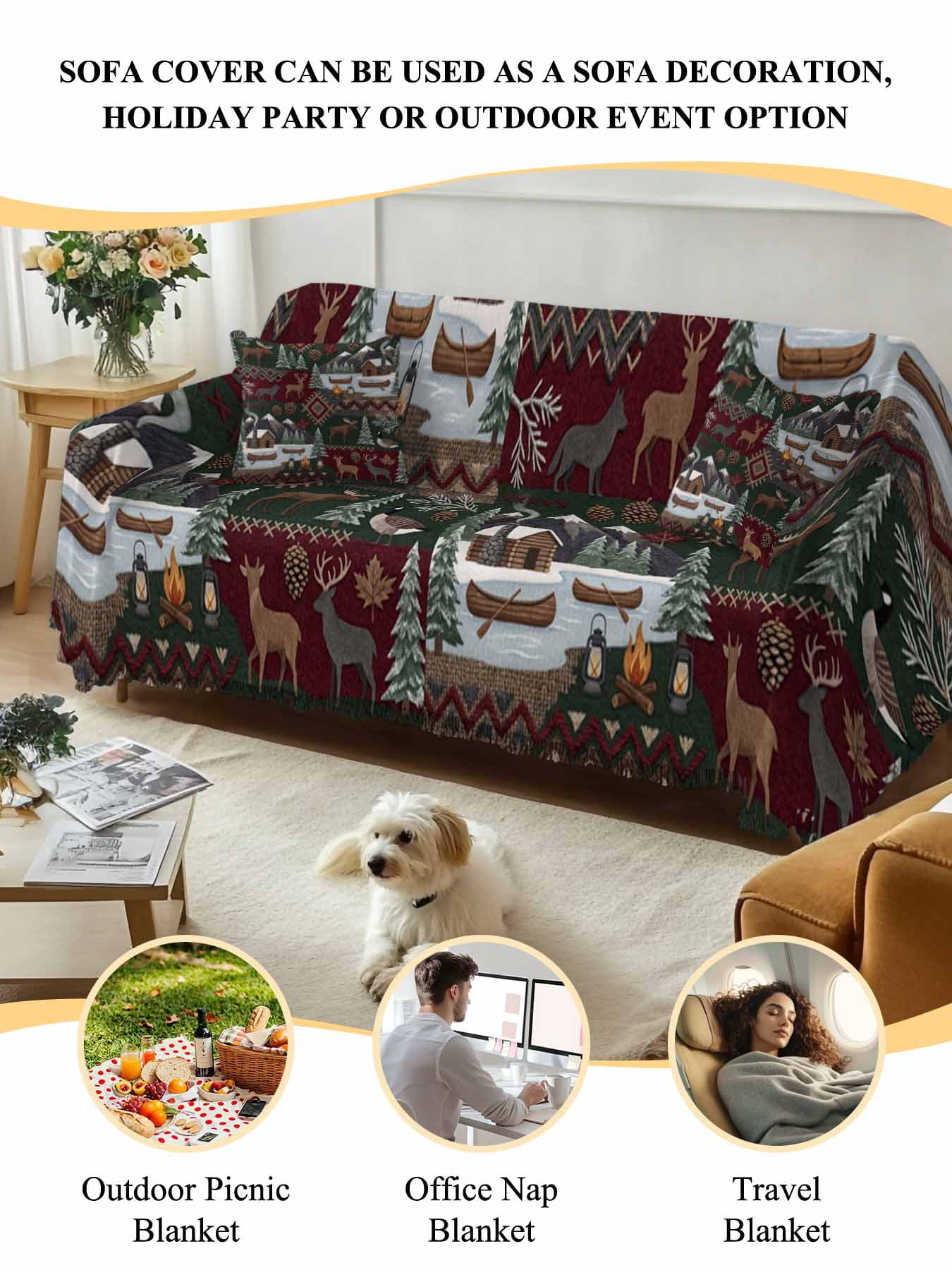 Western Boho Couch Cover, Farmhouse Country Rustic Chic Wild Nature Cabin Deer Oversized Sofa Cover Blanket for 3 Cushion Couch, Sectional Sofa Slipcover Protector for Living Room Bedroom 71''x150''