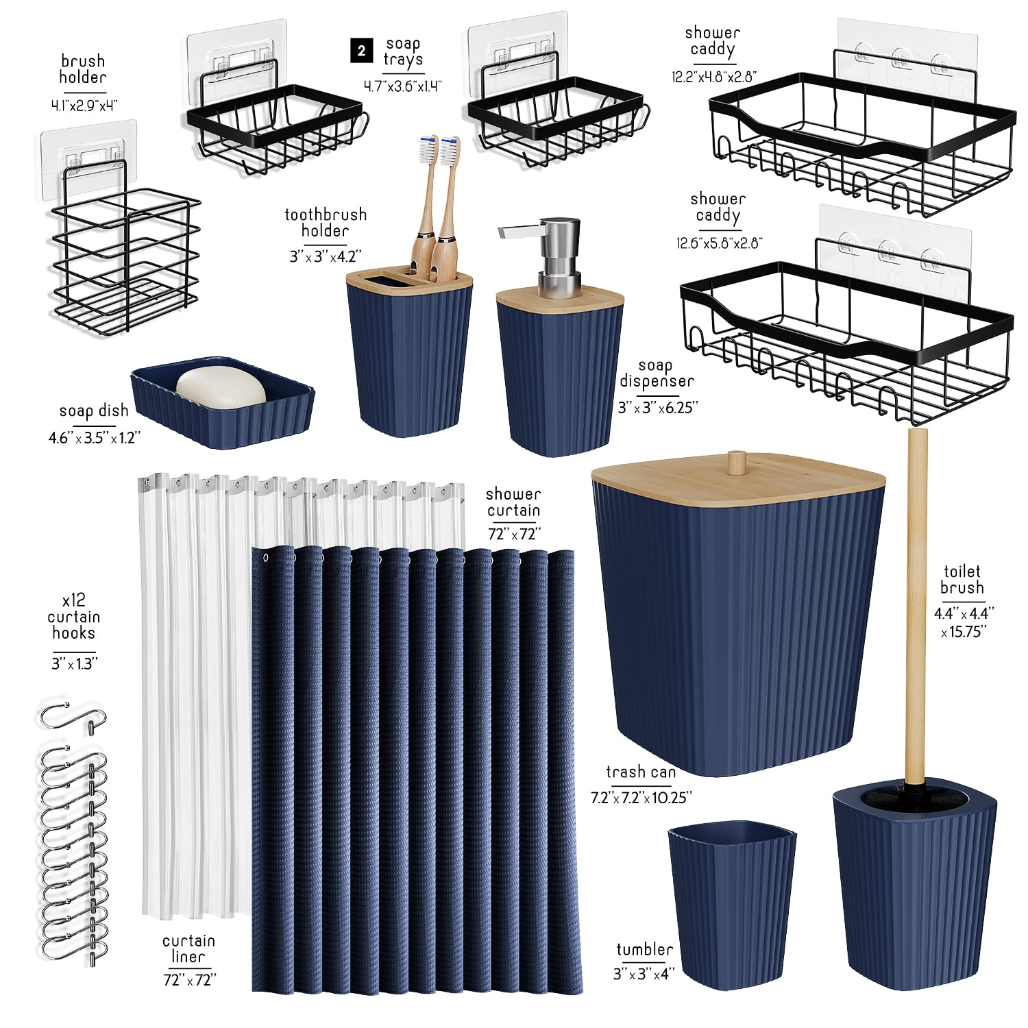 Lammaloe Navy Blue Bathroom Accessories Sets and Shower Caddy for Bathroom Sets with Shower Curtain Sets for Bathroom Decor with Toothbrush Holder