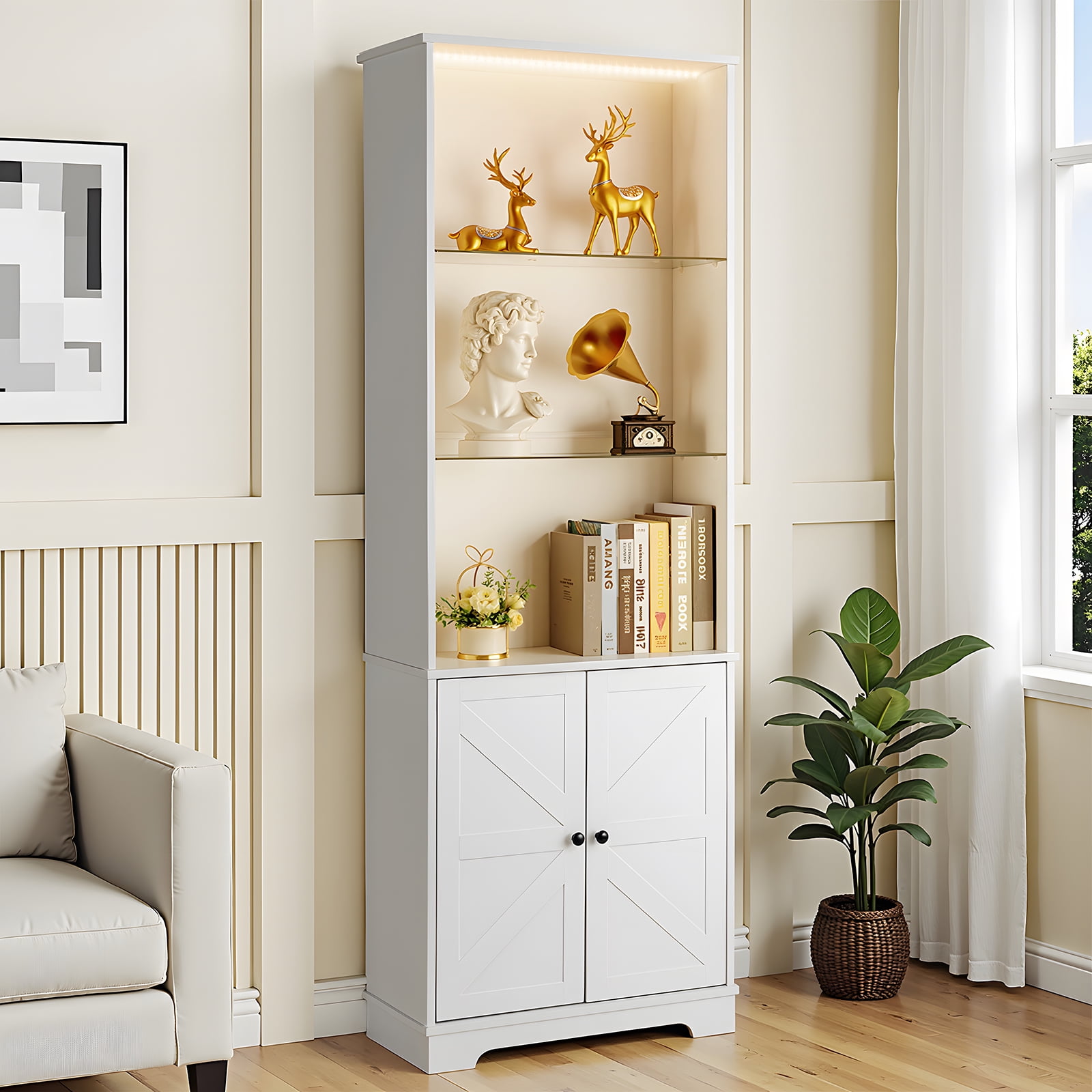 3-Layer Display Cabinet, Glass Shelf With 2 Doors Double Z Shape Led Light Strip Front Curved Base Feet Triammine Board, White/60*23.5*180cm