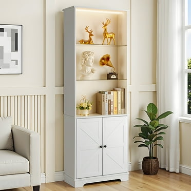 Zimtown 70.9" Display Cabinet with Glass Doors,  3-Tier Storage Cabinet Bookshelf with LEDs, Collection Showcase for Home Living Room Office, White