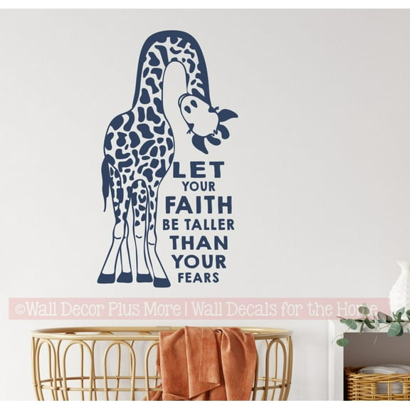 Inspirational Wall Art Sticker - Giraffe Kids Wall Art Decal Let Your Faith Be Taller Than Your Fears - Removable Girls Room Decor - Boys Bedroom Decor - Adhesive Wall Letters, 23x12-Inch, DeepBlue