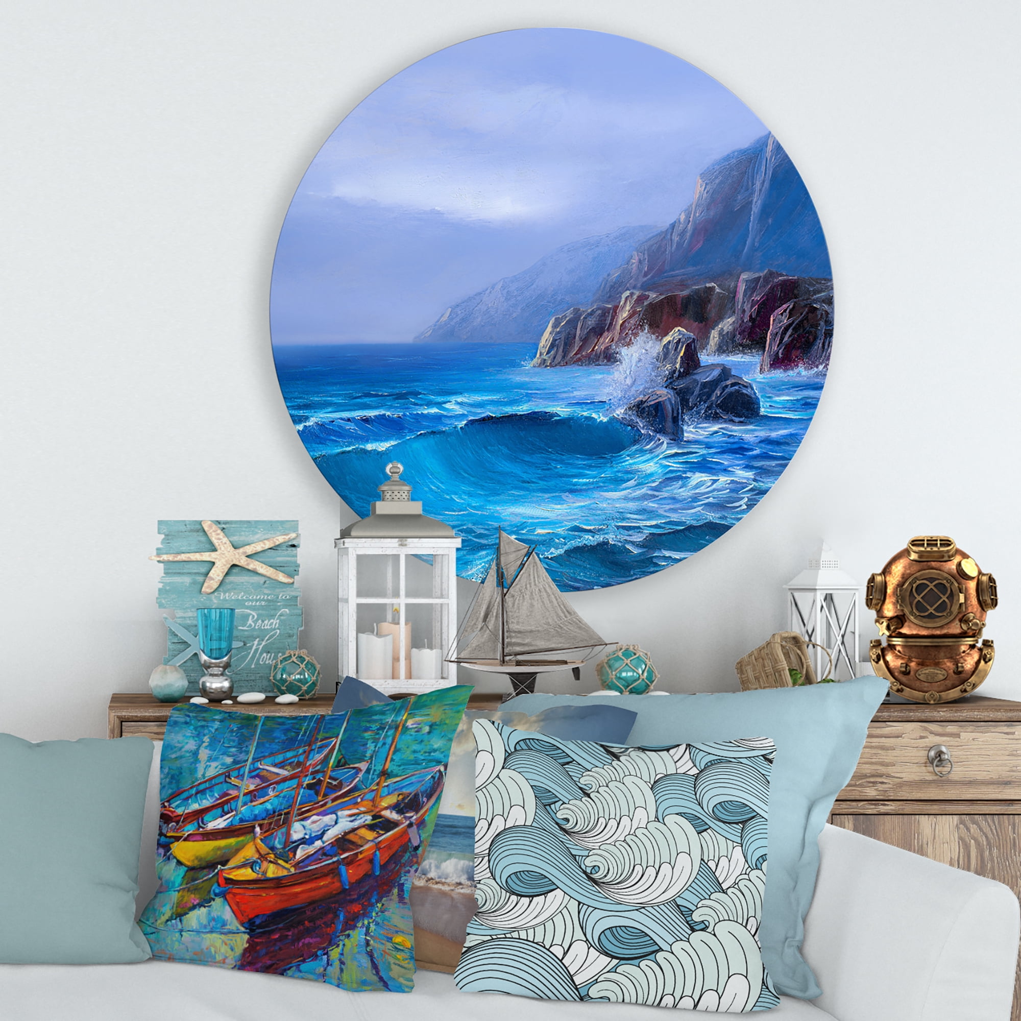 Designart 'Sunrise Glow On Sea Wave Paints On A Canvas' Nautical & Coastal Circle Metal Wall Art 36x36 - Disc of 36