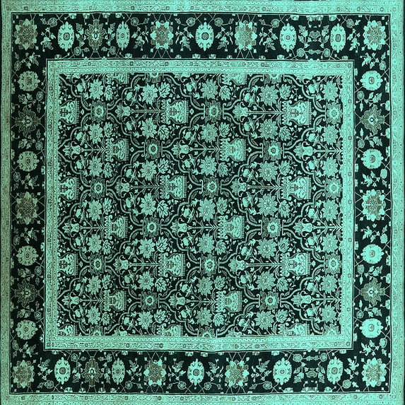 Ahgly Company Machine Washable Indoor Square Oriental Turquoise Blue Traditional Area Rugs, 5' Square