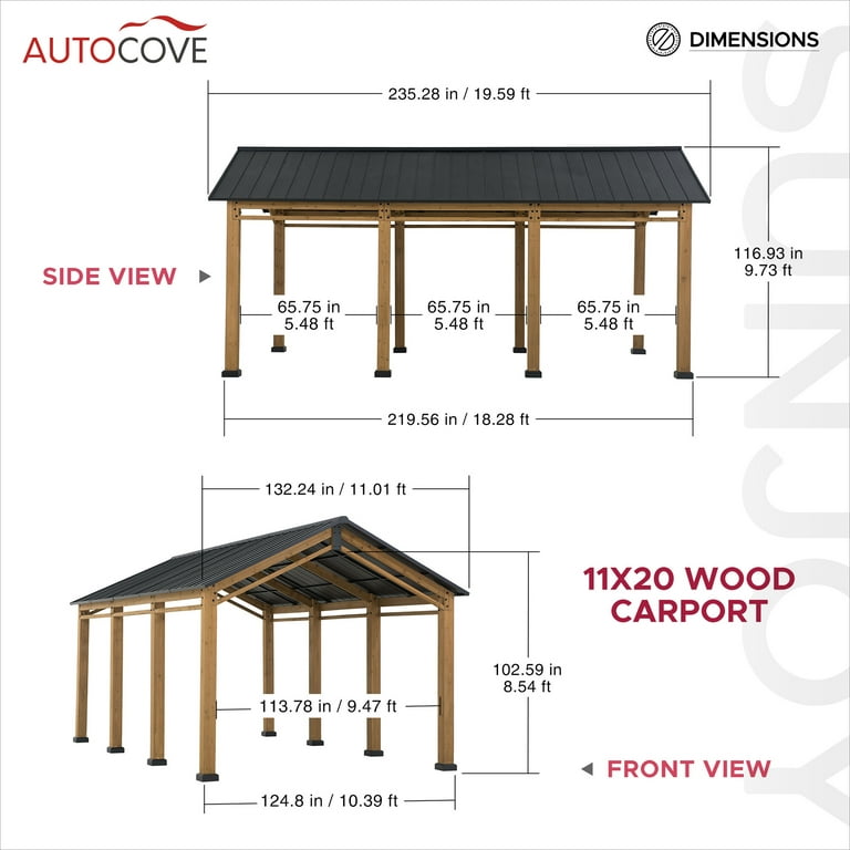AutoCove 11x20 Wood Carport, Black Steel Gable Roof Gazebo, Outdoor Living  Pavilion with 2 Ceiling Hooks 