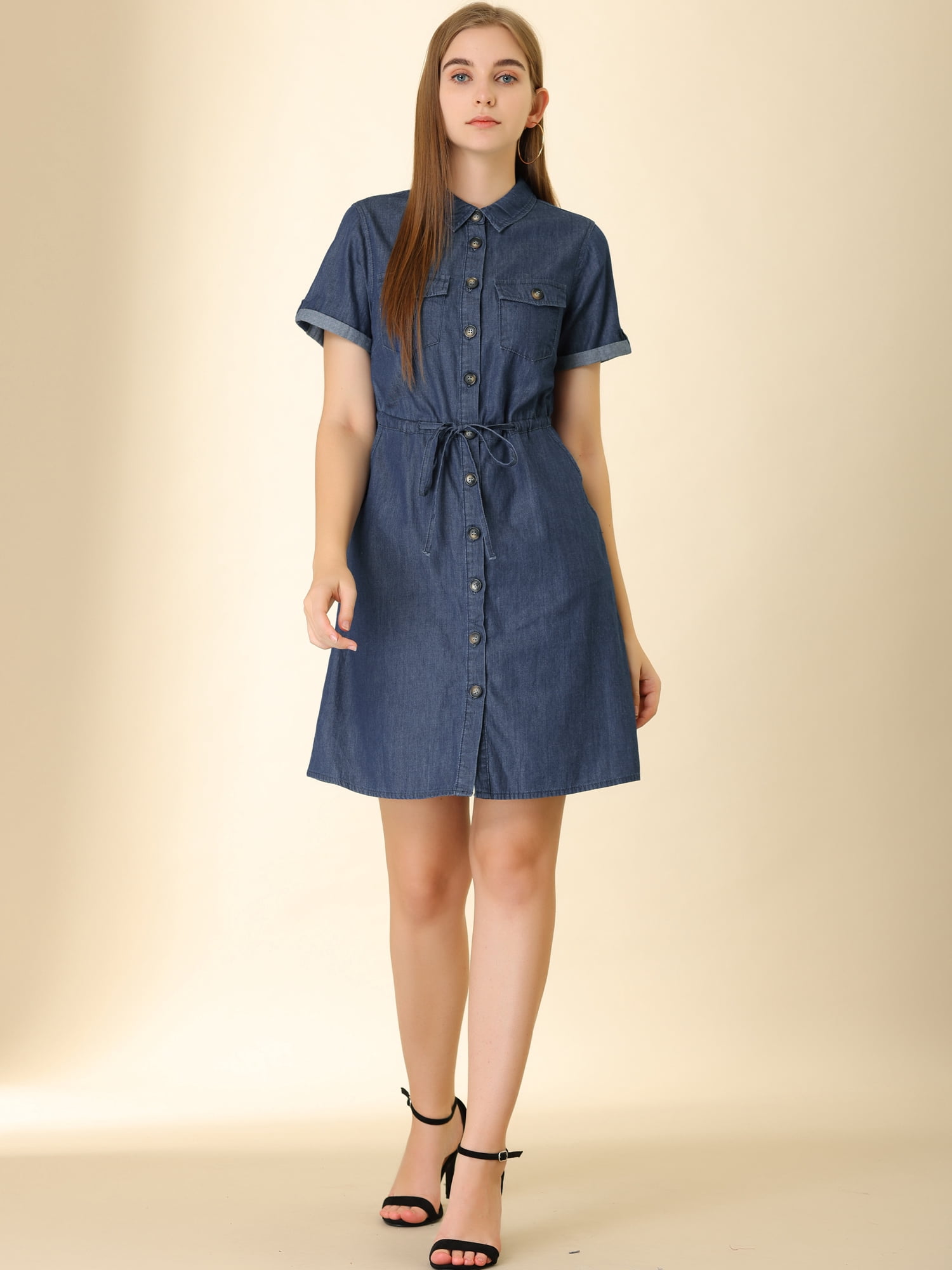DARING DIVA Casual Button Front Summer Short Sleeve Dresses S Medium Blue