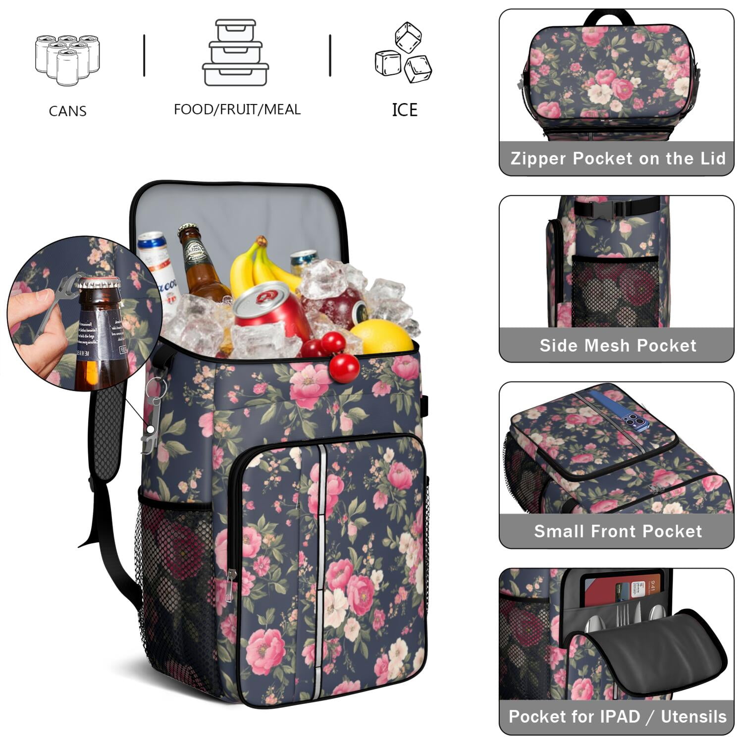 Travel Cooler Bag - Pioneer Flower Floral Print Pattern Camping Beer Cooler Backpack with Bottle Opener- Waterproof Insulated Picnic Backpacks - Cooler Bag for Beach