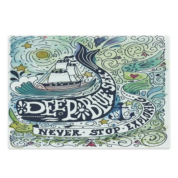 Whale Cutting Board, Mammal on Wavy Ocean Design Swimming to an Island Palm Trees Print, Decorative Tempered Glass Cutting and Serving Board, Large Size, Blue Pink and Green, by Ambesonne
