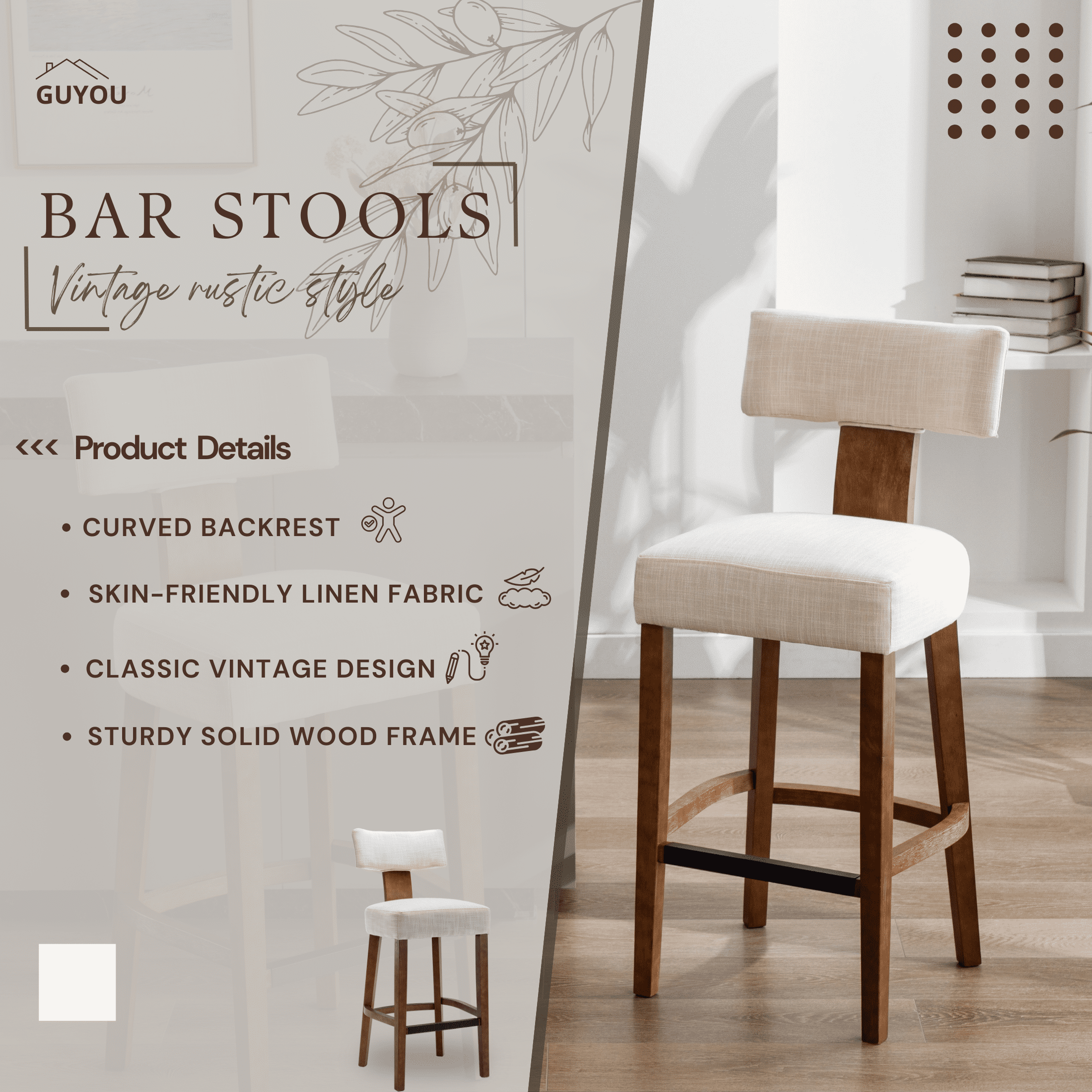 Guyou 30" Bar Stool Set of 4, Modern Linen Upholstered Counter Height Barstools with Hardwood Frame, Wooden Farmhouse Kitchen Island Chairs for Bar Restaurant, Beige