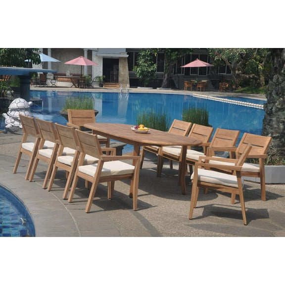 Grade-A Teak Dining Set: 10 Seater 11 Pc: 94" Double Extension Oval Table And 10 Vellore Stacking Arm Chairs Outdoor Patio WholesaleTeak #WMDSWVm
