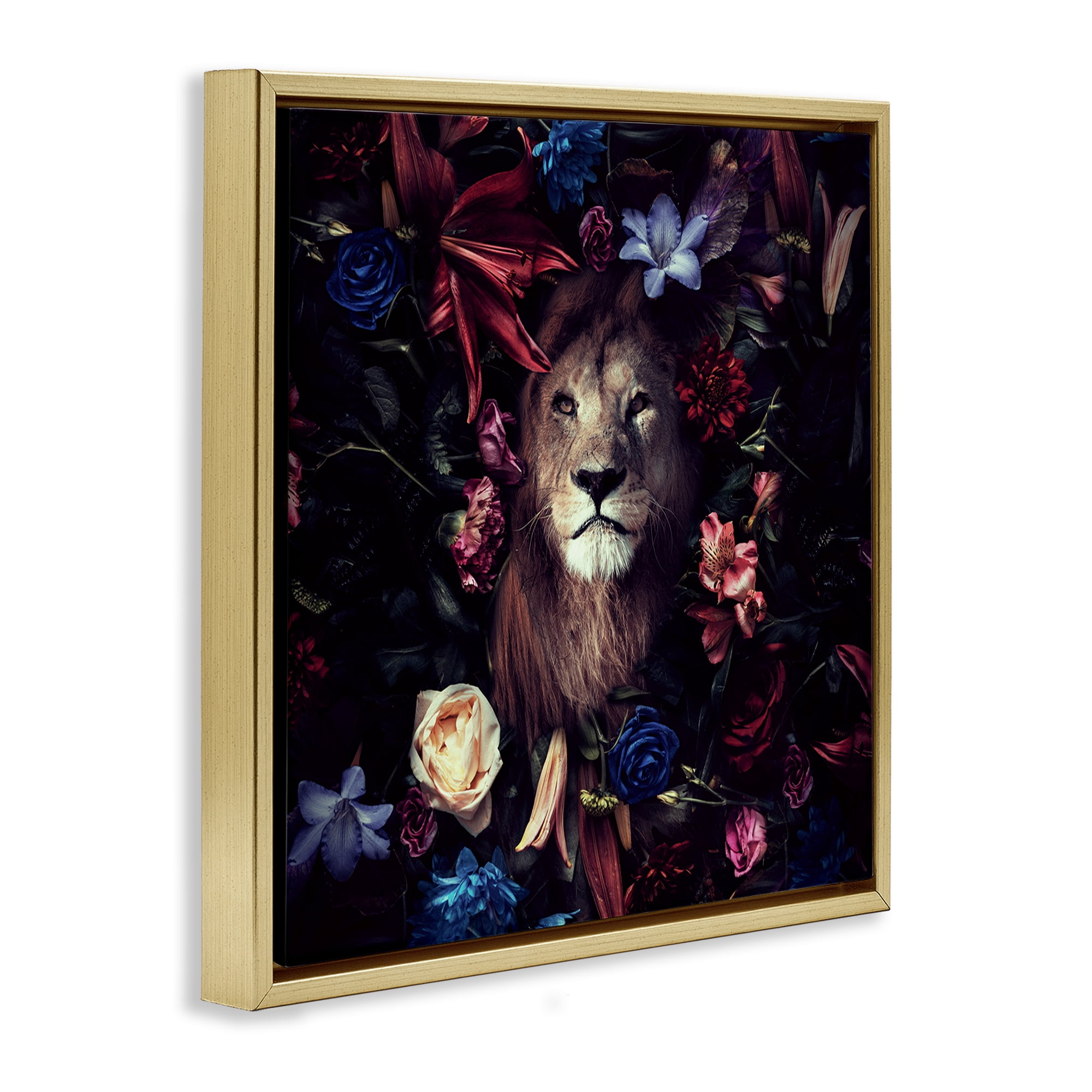 Stupell Industries Lion & Dark Blooms Animals Painting Gold Floater Framed Canvas Art Print Wall Art, 25 x 25