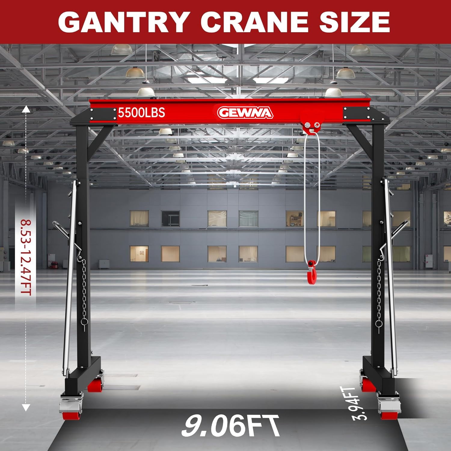 Gewna Adjustable Steel Gantry Crane, 2 Ton/ 5000 lb Capacity, 8.2-12.5ft, Portable Lift Hoist on Wheels with Manual Trolley
