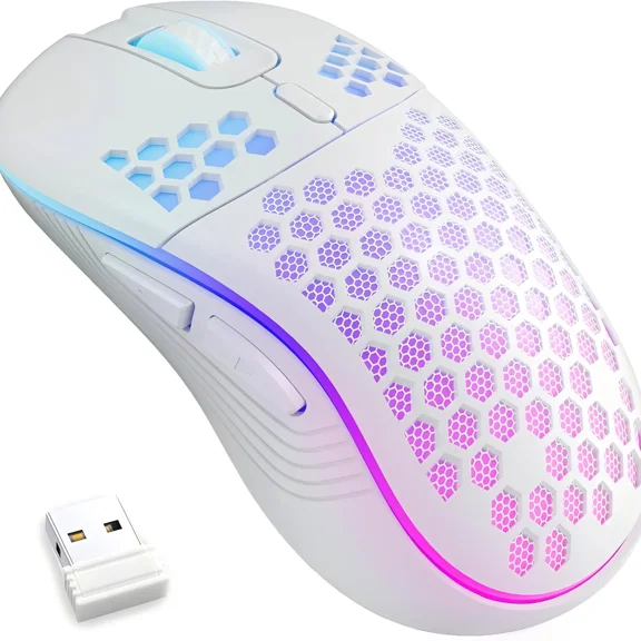 Wireless Lightweight Gaming Mouse, Ultra-Light Honeycomb Shell, 2.4g Wireless Rechargeable RGB Backlight, 6 Buttons, Adjustable 3200 Dpi, USB Receiver, PC Gaming Mice