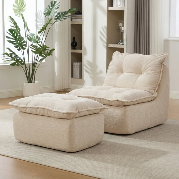 62.2 Inch Boneless Chaise Lounge Chair, Floor Sleeper Sofa with Ottoman, No Assembly Required, Modern Cozy Cloud Lounger, Beige