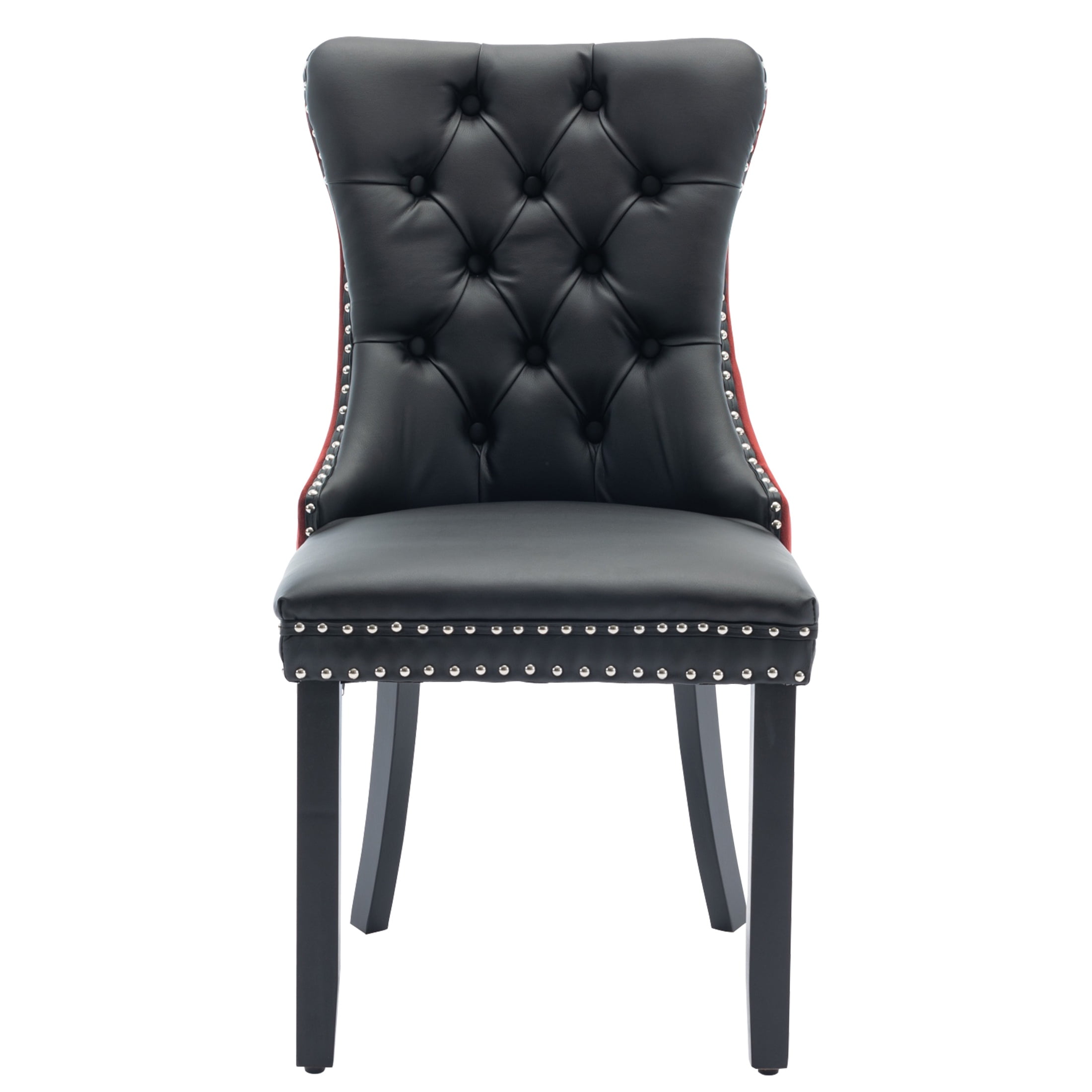 PORKISS Dining Chairs Set of 2, Modern Wood and PU Dining Room Chair with Back Ring and Nailhead Trim, Upholstered Tufted Velvet Chair with Wood Legs for Kitchen, Black/Wine Red