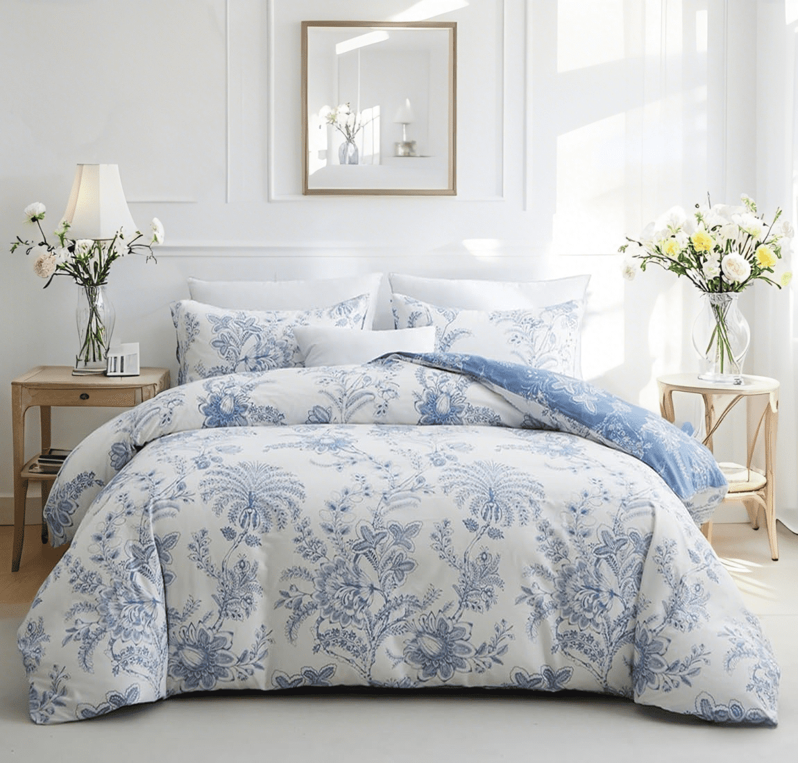JOLUSERE Blue White Floral Leaves Queen Comforter Sets, 3 Pieces Botanical Plants Reversible Bedding Sets for Adults