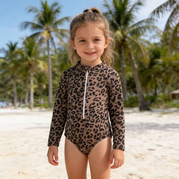 HAJWOH Girls One Piece Swimsuit for Kids Summer Leopard Print Rash Guard Bathing Suit Toddler Girl Long Sleeve Half Zip Up Swimwear