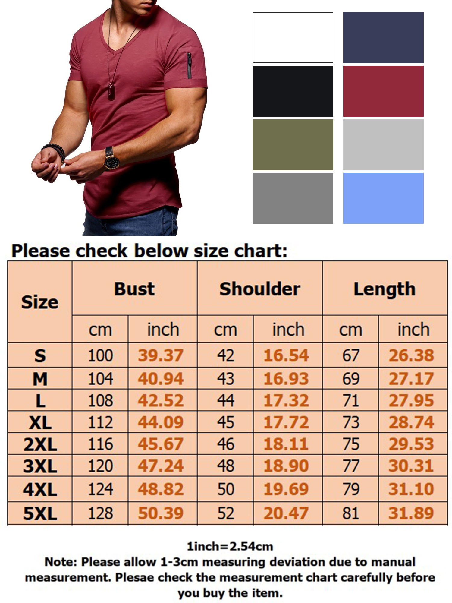 Niuer Men V Neck Shirts T Shirt Short Sleeve V-Neck Basic Tee Casual Slim Fit - image 2 of 2