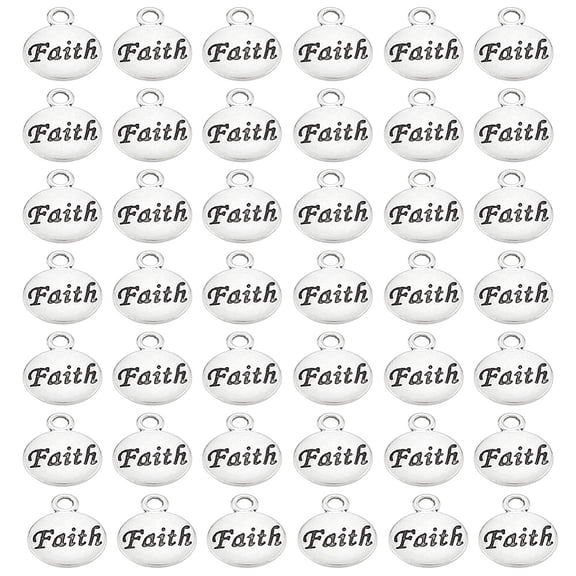 90pcs Tibetan style Alloy Pendants Flat Round with Word Faith Charms Silver 15.5x12x1.5mm Hole: 2mm