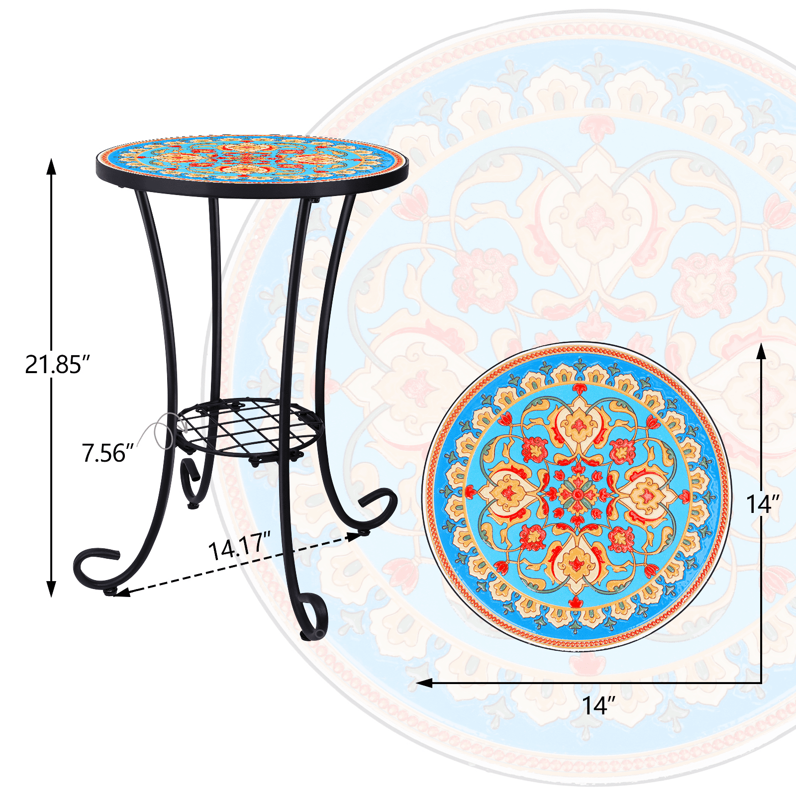 Outdoor Mosaic Side Table and Plant Stand, 21" H End Table with 14" Dia Ceramic Tile Top, Indoor and Outdoor Accent Table for Garden, Yard or Lawn