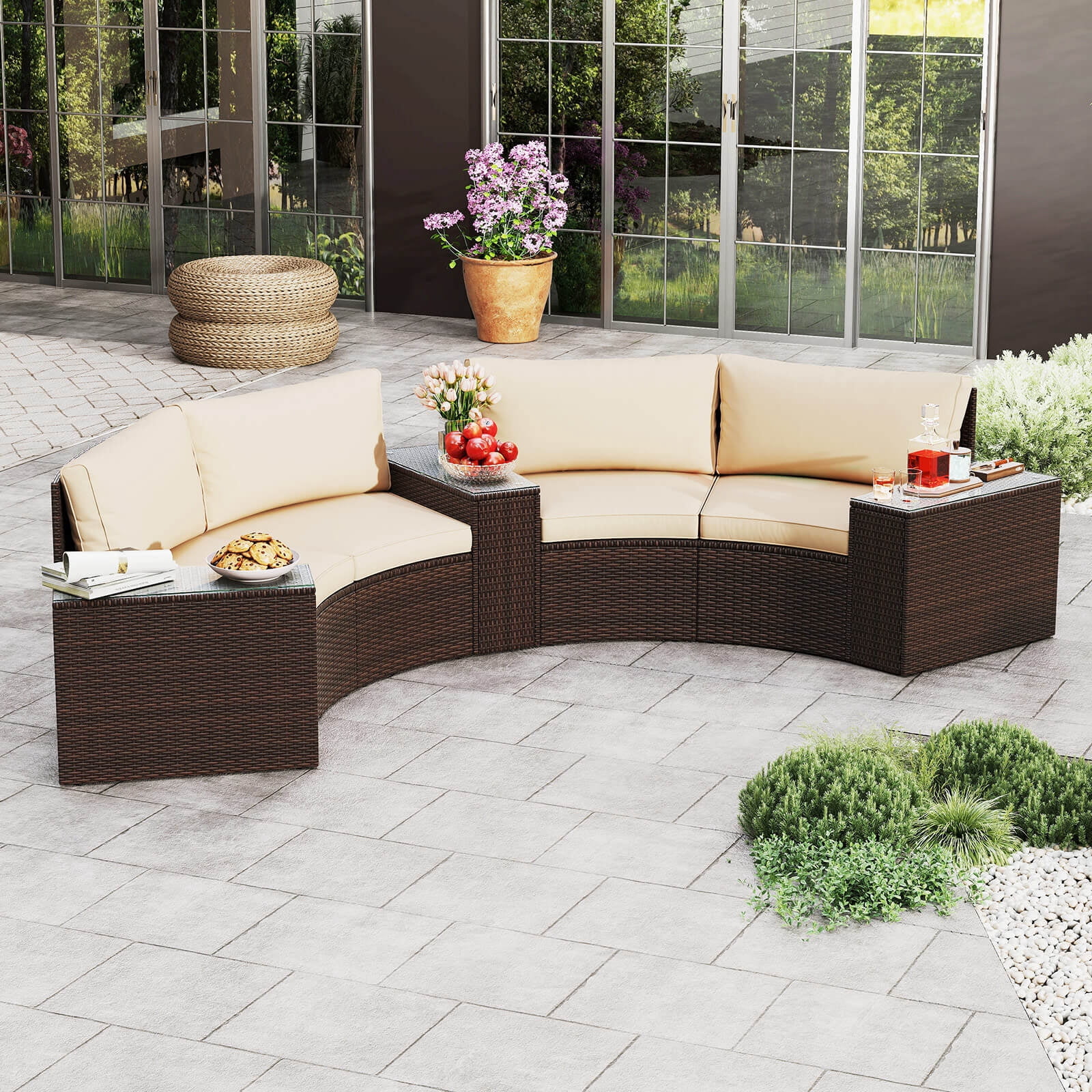 Costway 5 PCS Patio Furniture Set with Tempered Glass Top Side Tables Back & Seat Cushions