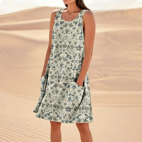 Women Dress Summer Women's Solid Color Casual Sleeveless Linen Loose Fitting Dress With Pockets A White XL