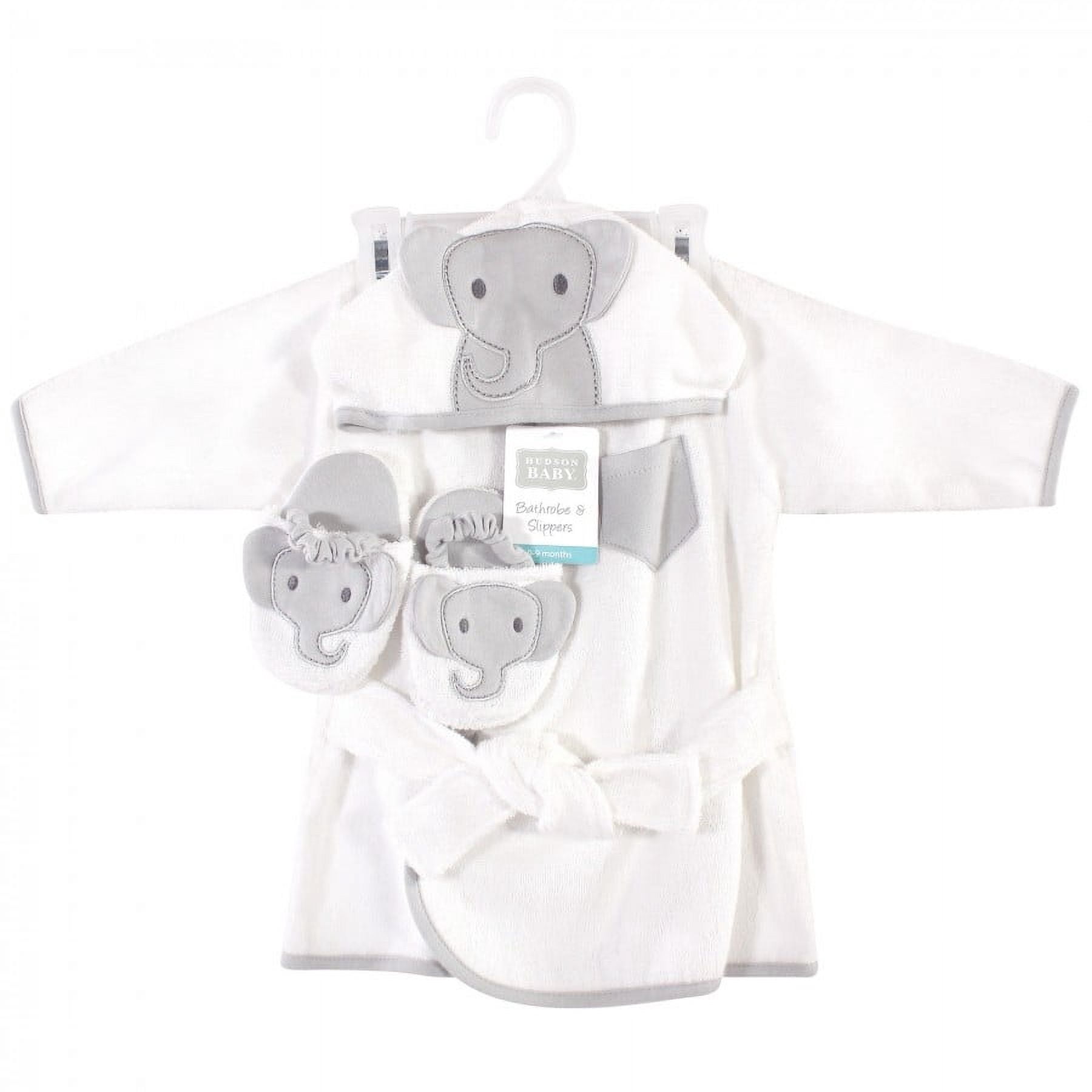Hudson Baby Infant Cotton Animal Face Bathrobe and Slippers 2pc, Modern Elephant, 0-9 Months