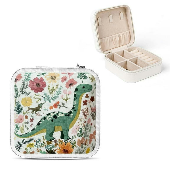 ZFLMY Dinosaur Flowers PU Leather Jewelry Box for Necklace, Ring, Earring - Compact Travel Case with Multiple Storage Spaces White