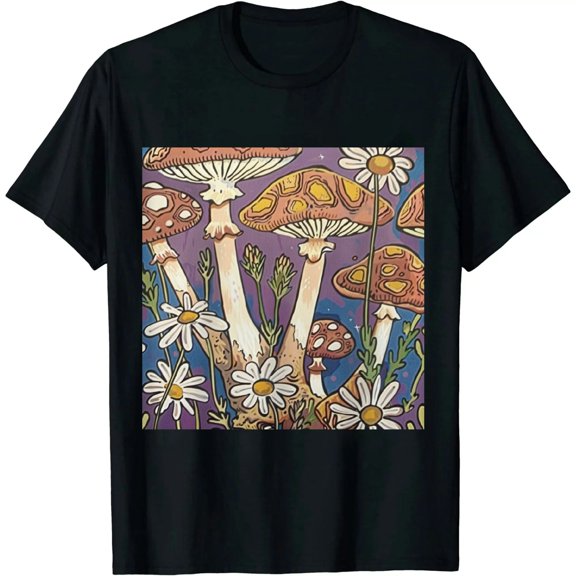 Qinduosi Women's Oversized Mushroom Graphic Tees T-Shirt Hippie Wildflower Print Short Sleeve Shirts Tops Black