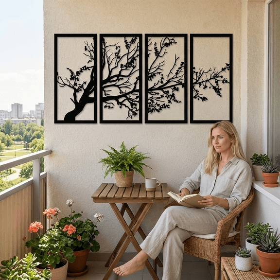 Tree of Life 4 Panels Metal Wall Art for Home and Outside - Wall-Mounted Geometric Metal Wall Decor - Drop Shadow 3D Effect Wall Decoration for Living Room Bedroom