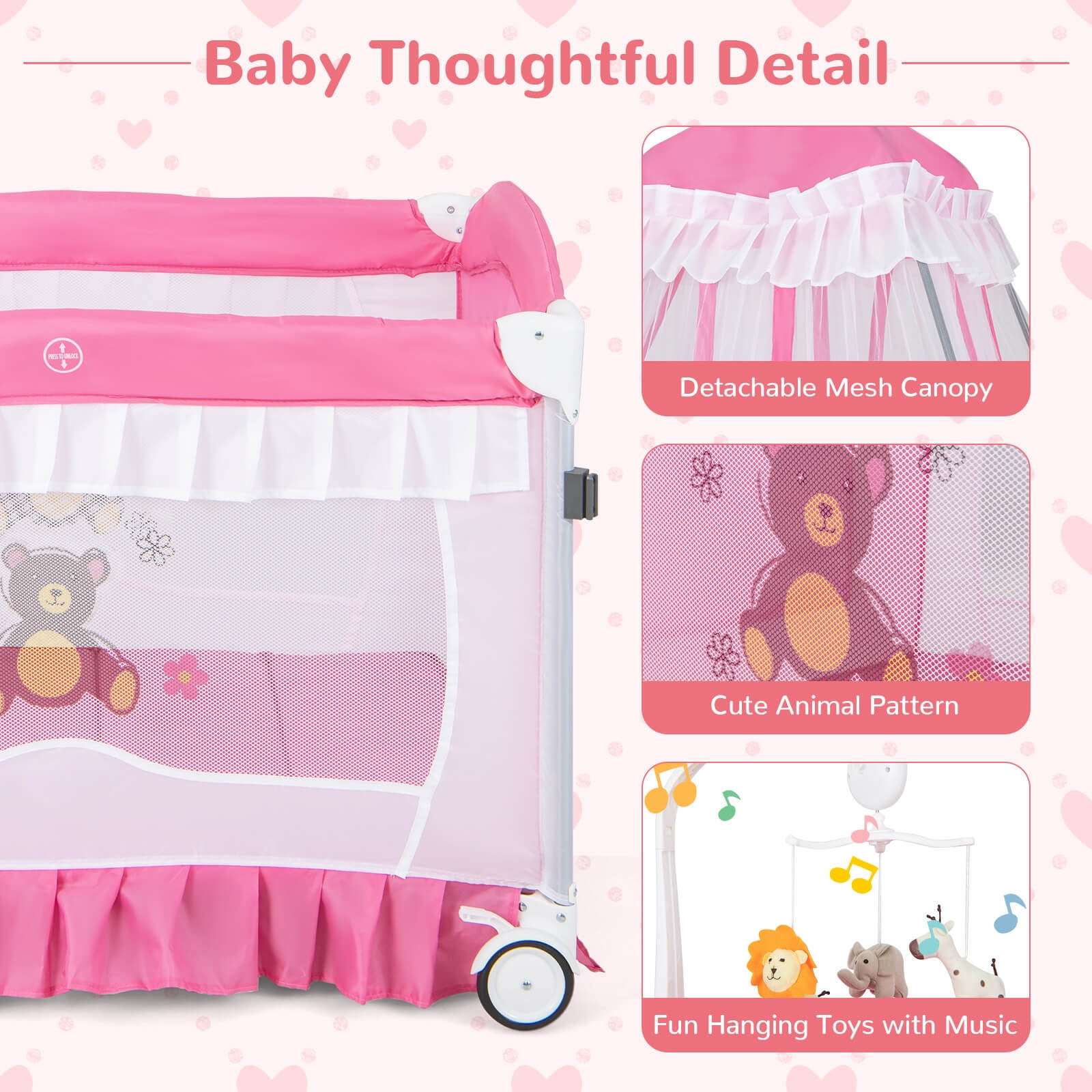 Costway Baby Playard Crib Bed 4 in 1 Portable with Changing Table Canopy Music Box Pink